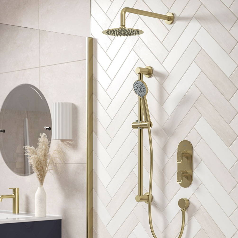 Lifestyle image of the Bristan Saffron Brushed Brass Dual Outlet Thermostatic Shower Pack